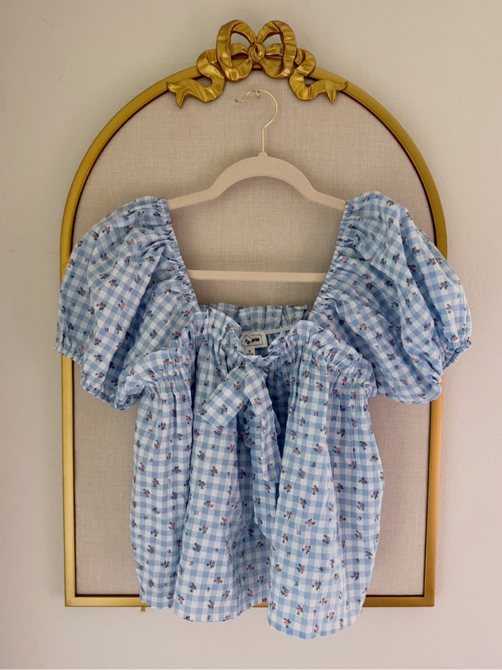 Blue Gingham Floral Pufff Sleeve Tie-Front Top & Shorts Set